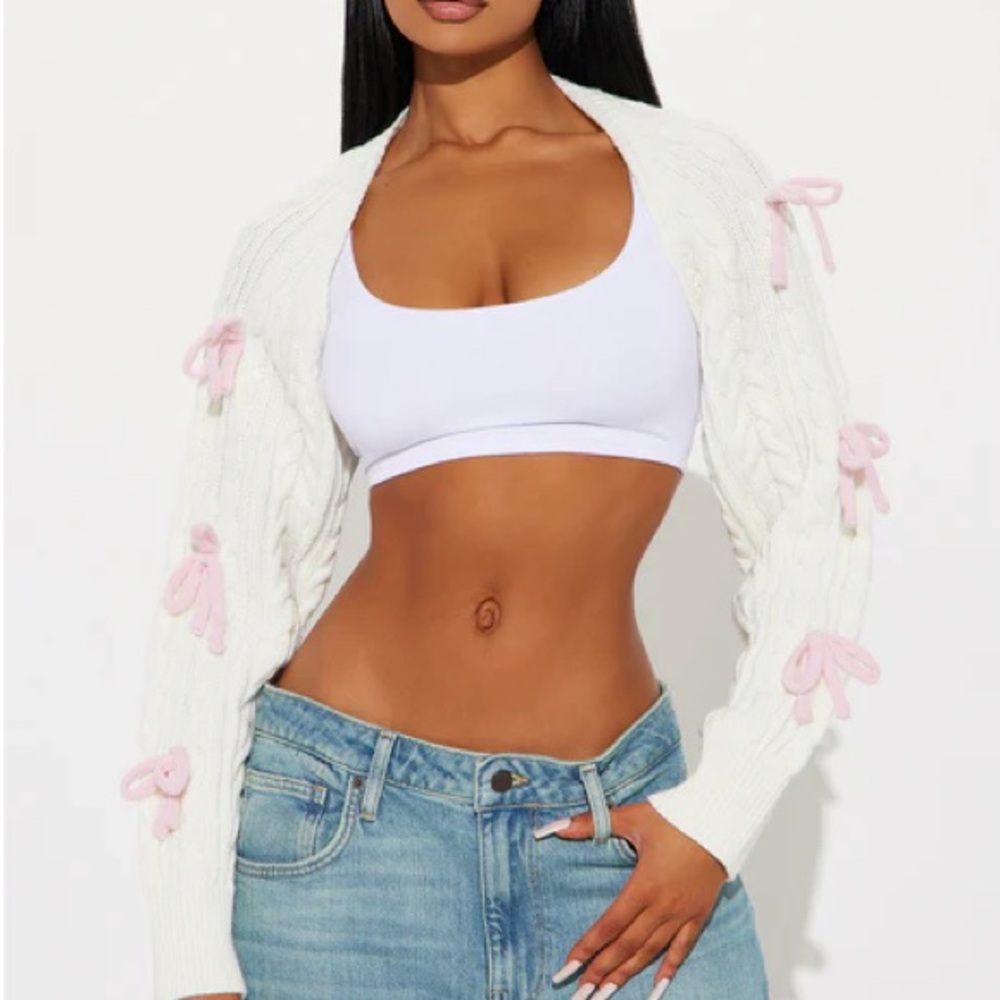 White Cable Knit Sweater with Pink Accents